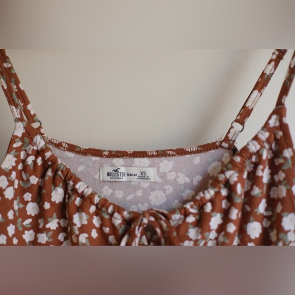 Hollister Floral A-Line Midi Dress Brown White Scoop Neck  Tie XS Cottagecore - Picture 8 of 8